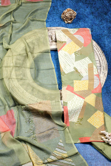 Geometric Pure Viscose Elegant Olive Unstitched Suit Set Geetha Creation